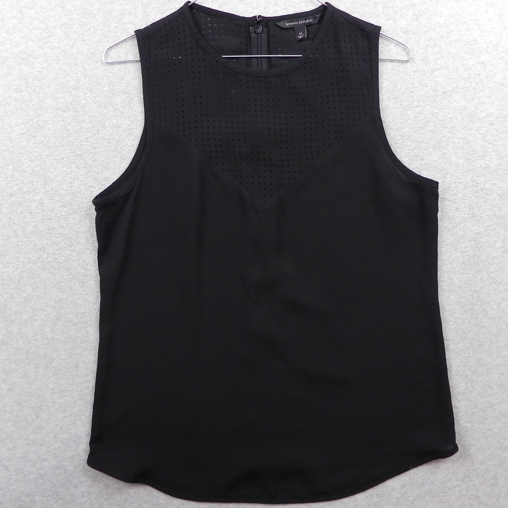 Banana Republic Top Womens Medium Sheer Zipper Back Blouse Black Sleeveless